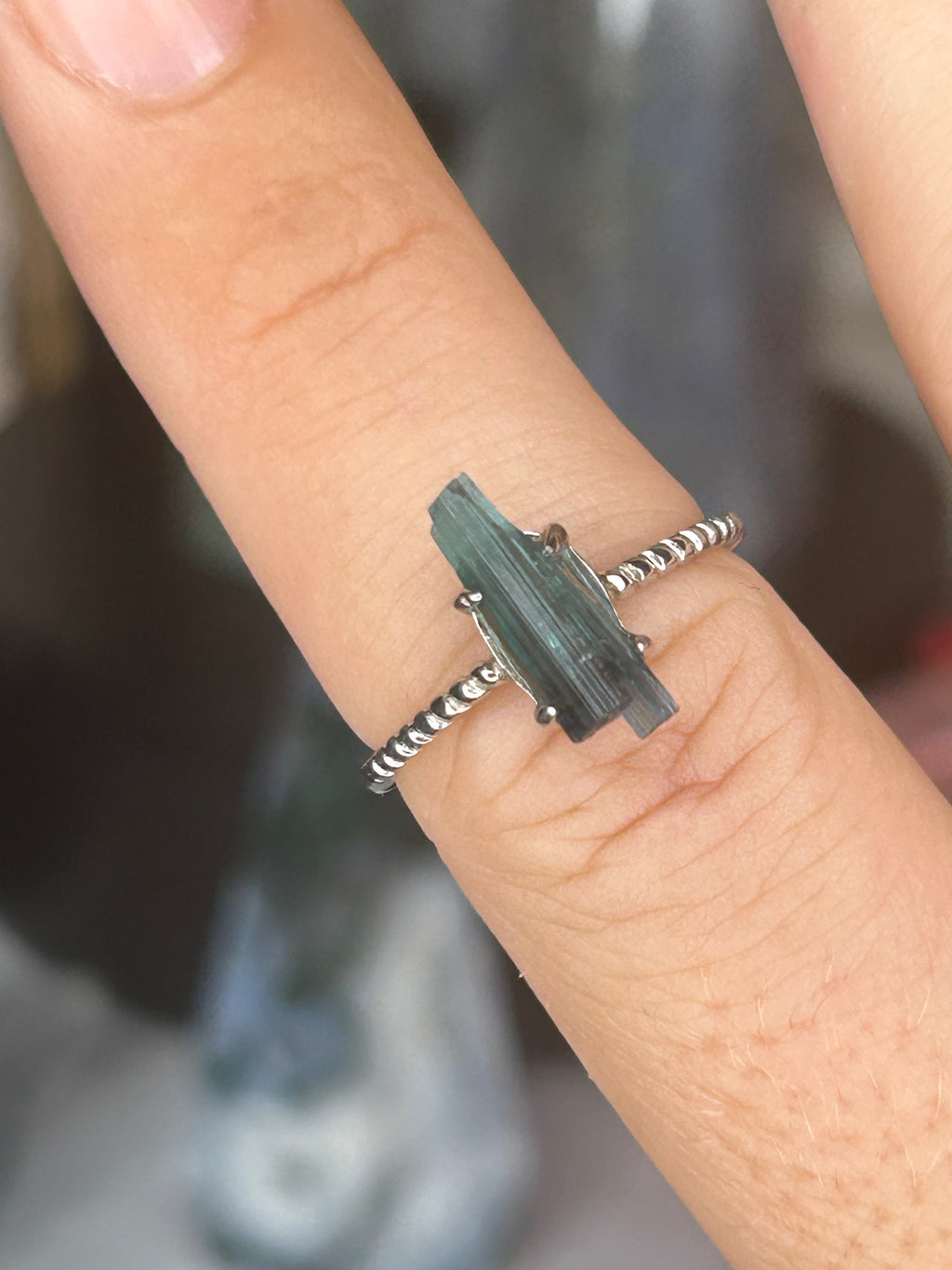 Blue Tourmaline Raw Crystal Ring 925 Sterling Silver, Adjustable