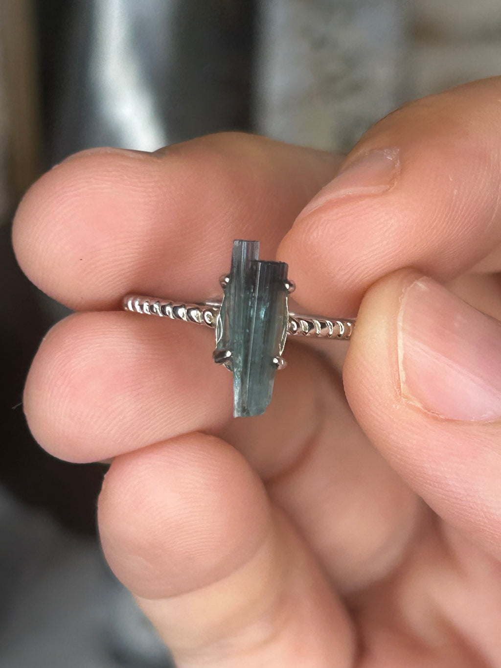 Blue Tourmaline Raw Crystal Ring 925 Sterling Silver, Adjustable