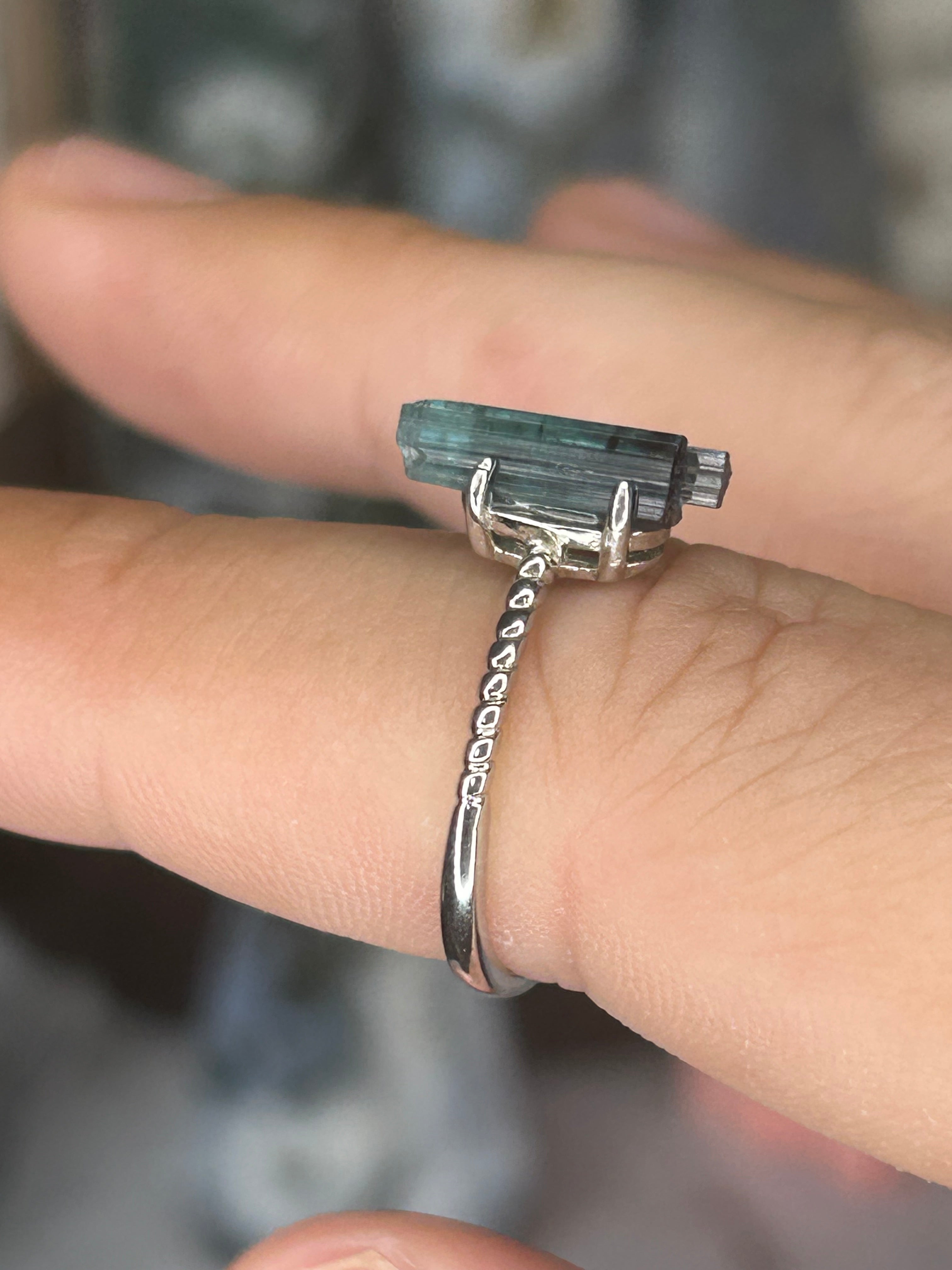 Blue Tourmaline Raw Crystal Ring 925 Sterling Silver, Adjustable