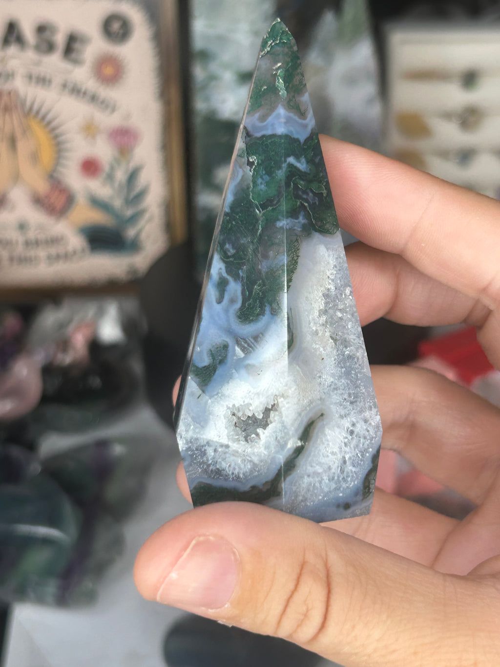 Moss Agate Point with Druzy Cavity