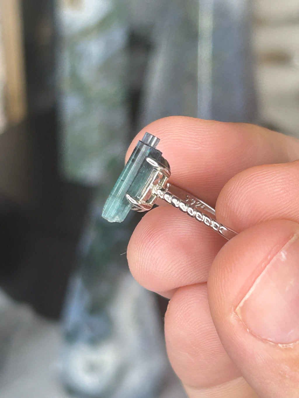 Blue Tourmaline Raw Crystal Ring 925 Sterling Silver, Adjustable
