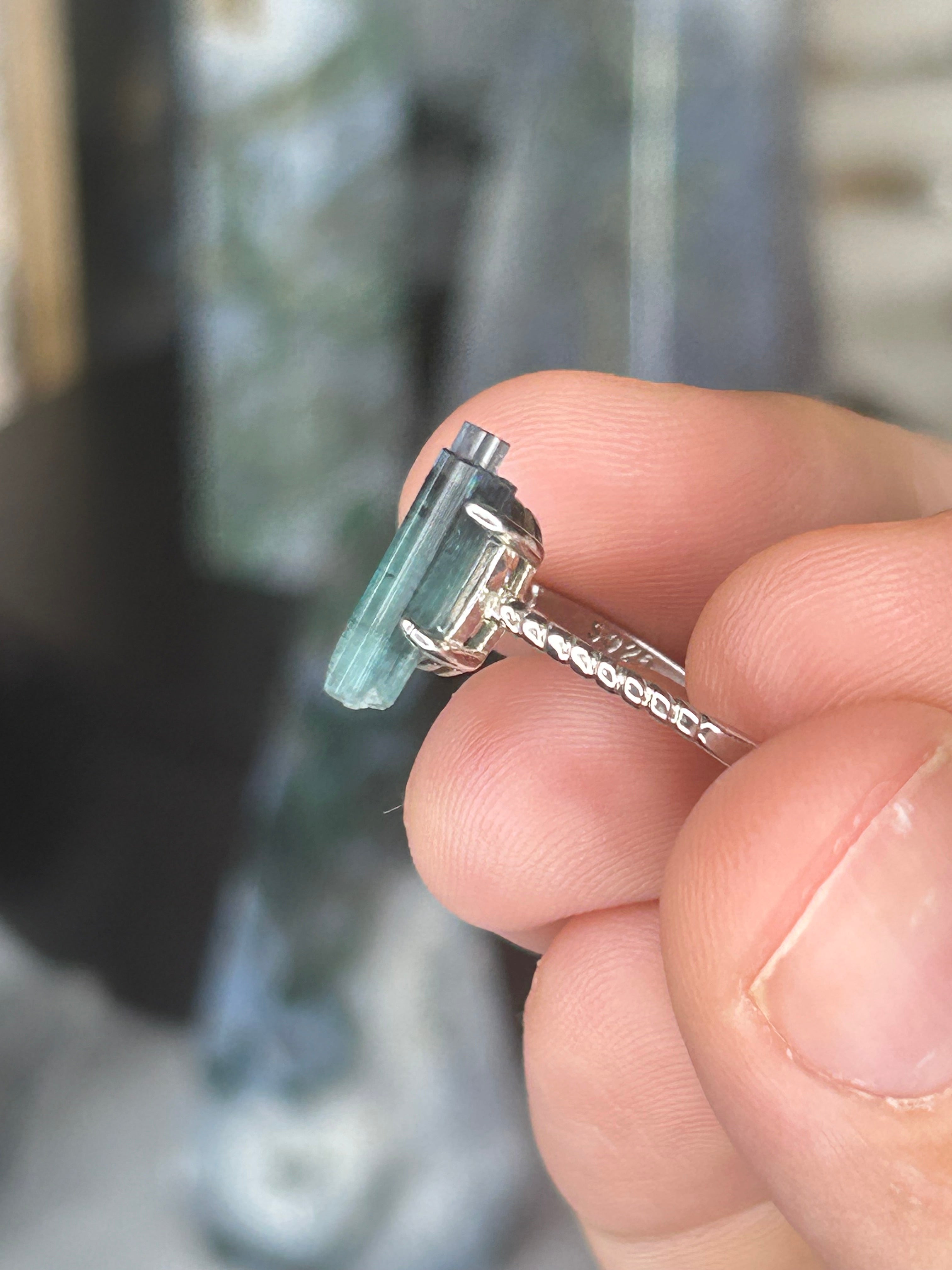 Blue Tourmaline Raw Crystal Ring 925 Sterling Silver, Adjustable