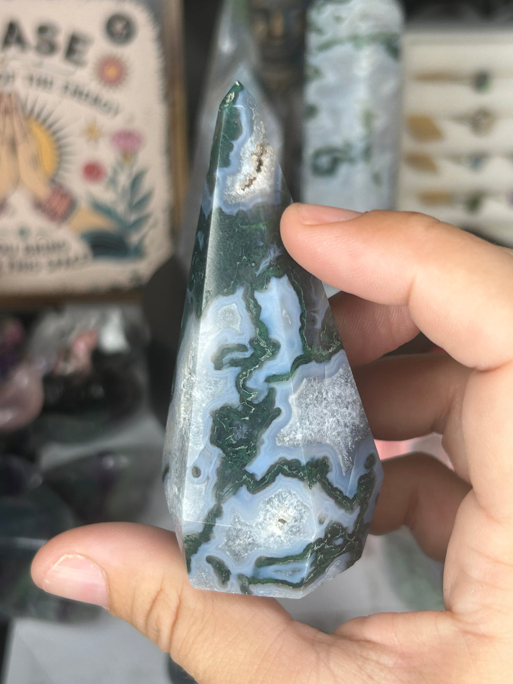 Moss Agate Point with Druzy Cavity