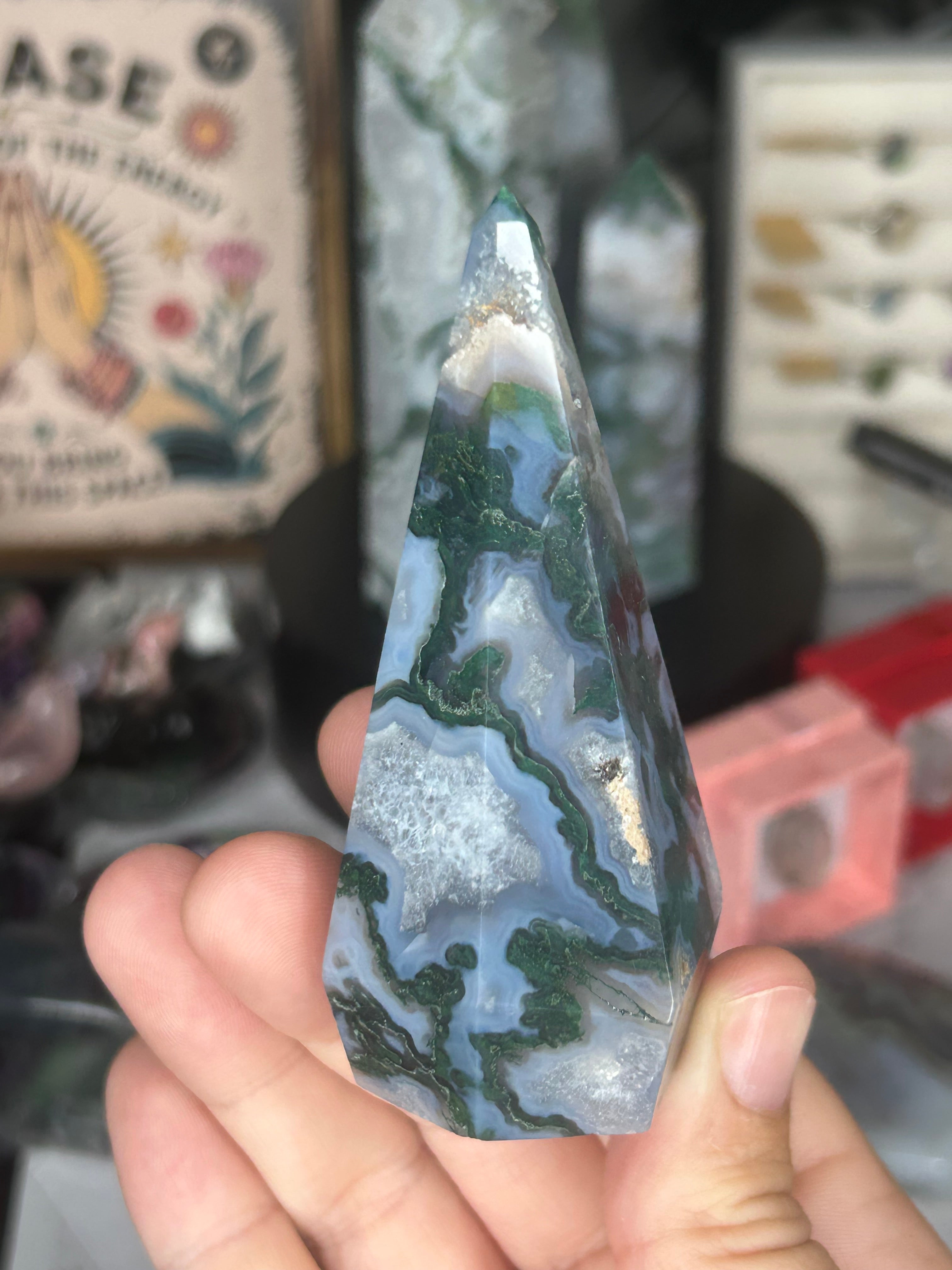 Moss Agate Point with Druzy Cavity